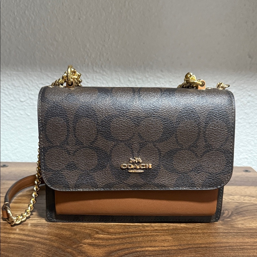 Coach Signature Canvas and Saddle Leather Chain Crossbody mini Klara- Brown/Tan